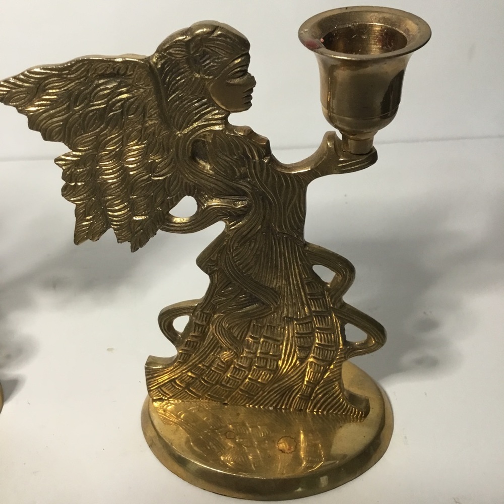 Pair Of Vintage Long-Haired Maiden Brass Taper Candleholders Made In India - Picture 8 of 9